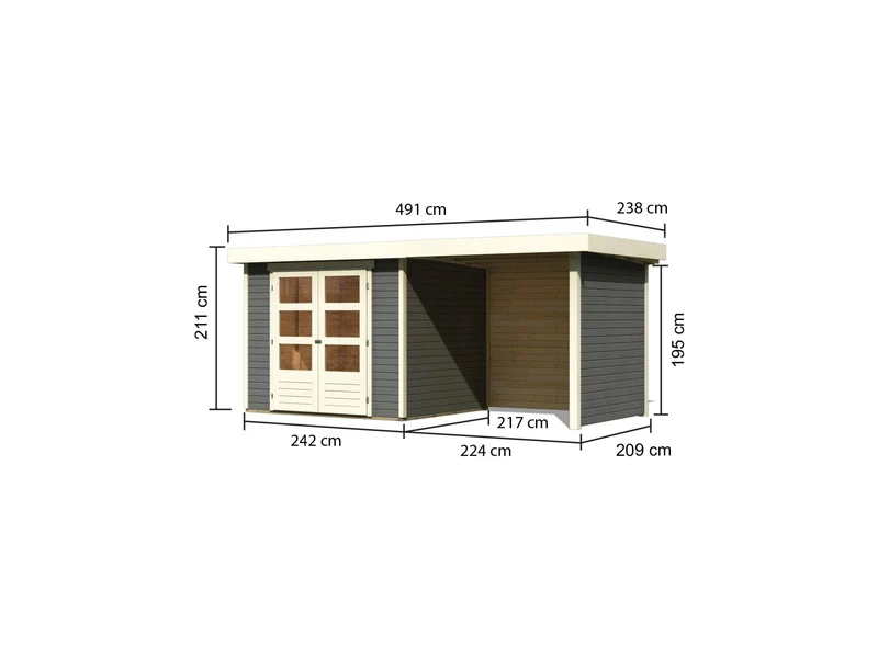 Karibu Gartenhaus Askola 3 in terragrau mit Anbaudach 2,40 Meter, Seiten- und Rückwand