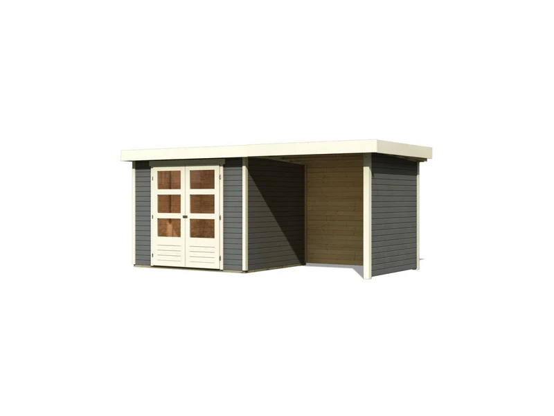 Karibu Gartenhaus Askola 3 in terragrau mit Anbaudach 2,40 Meter, Seiten- und Rückwand