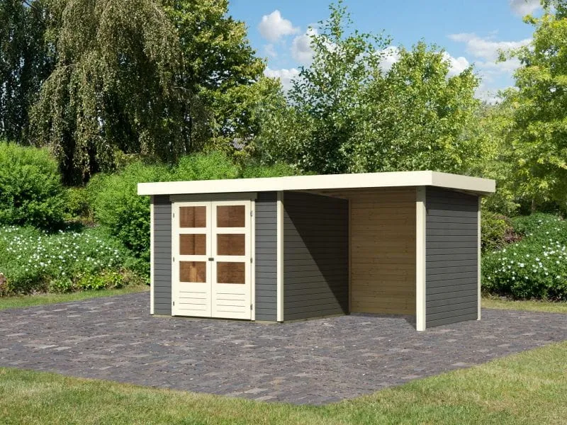 Karibu Gartenhaus Askola 3 in terragrau mit Anbaudach 2,40 Meter, Seiten- und Rückwand