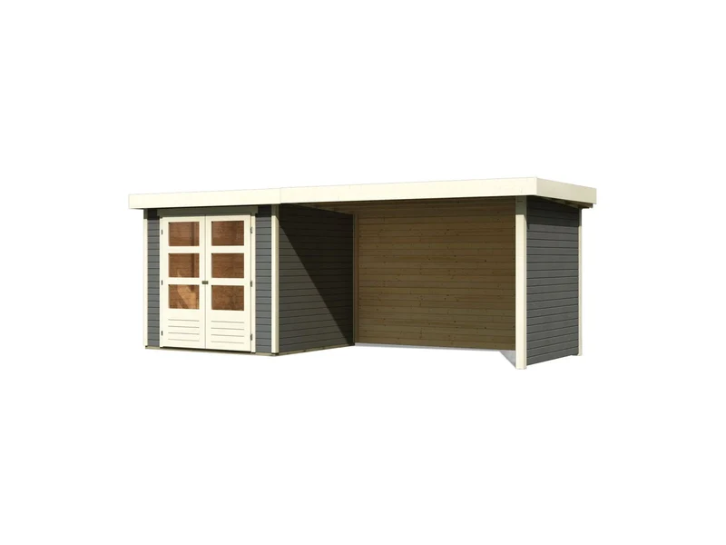 Karibu Gartenhaus Askola 2 terragrau mit Anbaudach 2,80 Meter, Seiten- und Rückwand