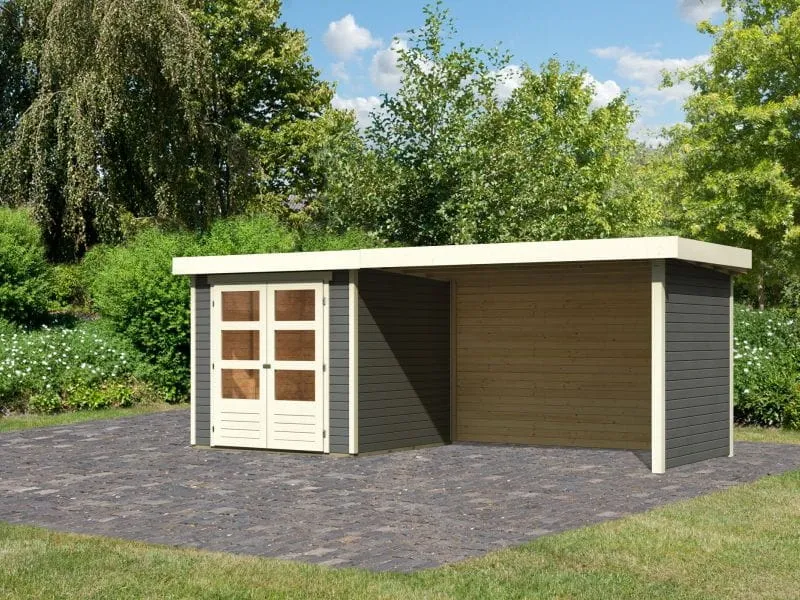 Karibu Gartenhaus Askola 2 terragrau mit Anbaudach 2,80 Meter, Seiten- und Rückwand