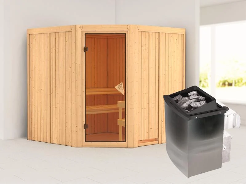 Jarin - Karibu Sauna inkl. 9-kW-Ofen - ohne Dachkranz -