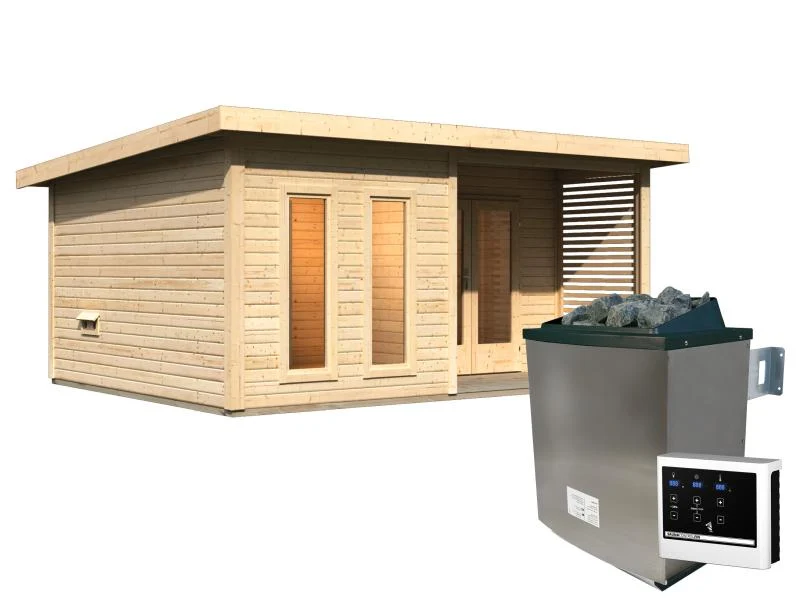 Karibu Saunahaus Mainburg 5 Set A naturbelassen- 9 kW Ofen ext. Strg
