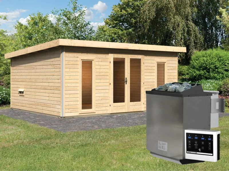 Karibu Saunahaus Mainburg 4 Set A naturbelassen- 9kW Bioofen ext. Strg