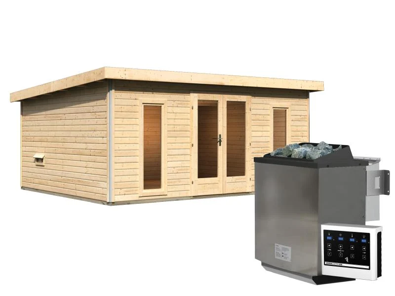Karibu Saunahaus Mainburg 4 Set A naturbelassen- 9kW Bioofen ext. Strg
