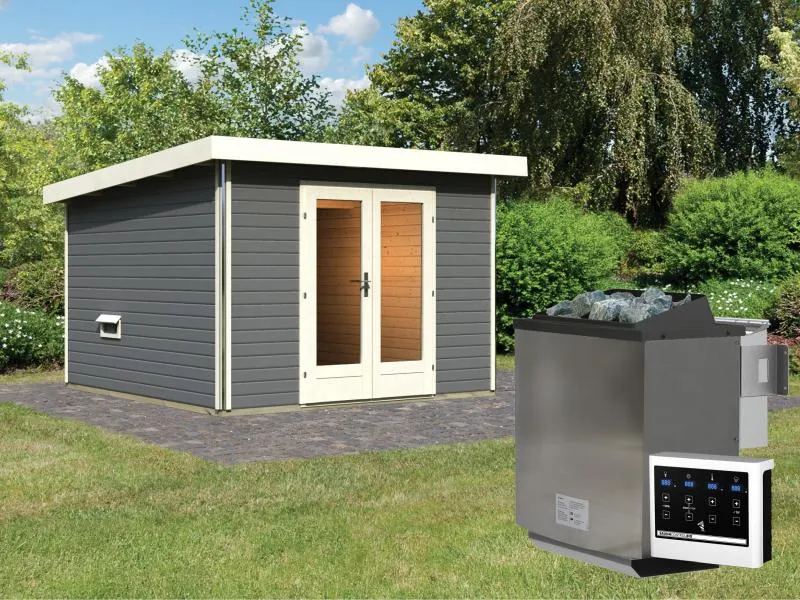 Karibu Saunahaus Mainburg 1 Set B terragrau- 9 kW Bioofen ext. Strg