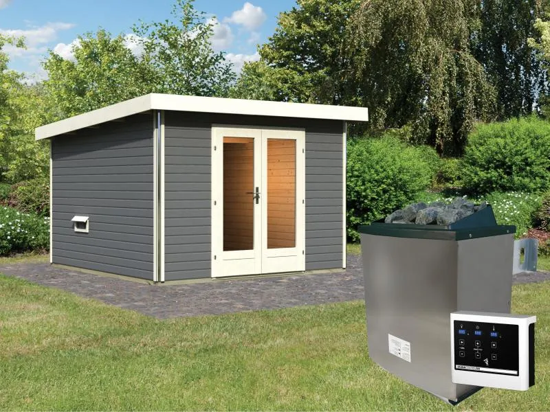 Karibu Saunahaus Mainburg 1 Set B terragrau- 9 kW Ofen ext. Strg