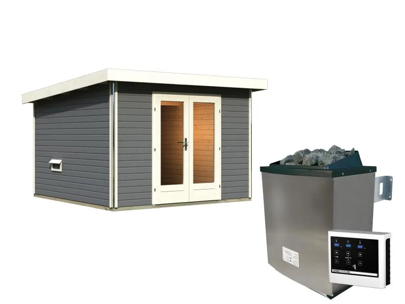 Karibu Saunahaus Mainburg 1 Set B terragrau- 9 kW Ofen ext. Strg