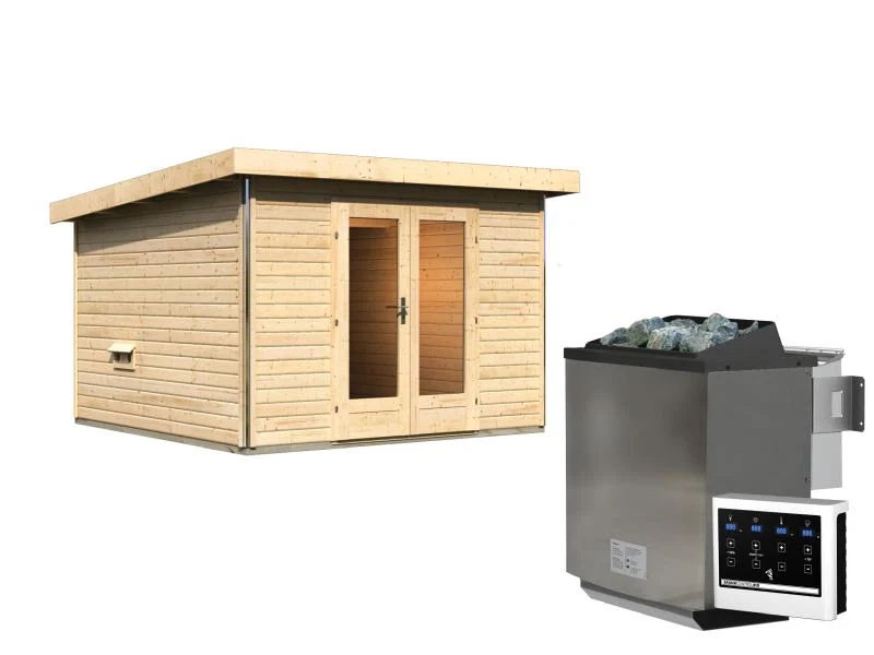 Karibu Saunahaus Mainburg 1 Set B naturbelassen- 9 kW Bioofen ext. Strg