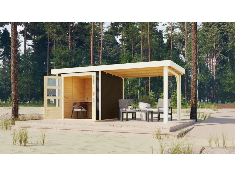 Karibu Gartenhaus Askola 2 terragrau mit Anbaudach 2,80 Meter
