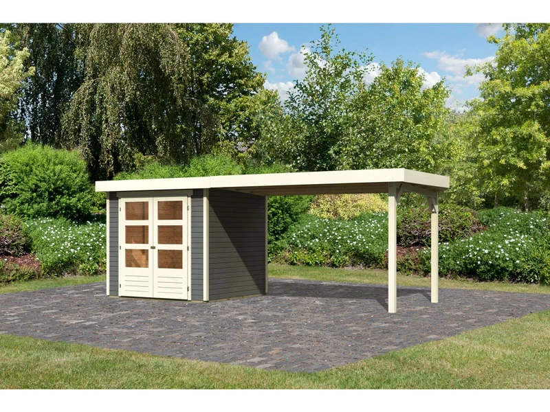 Karibu Gartenhaus Askola 2 terragrau mit Anbaudach 2,80 Meter