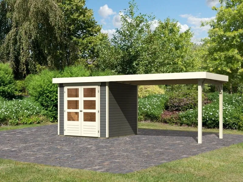 Karibu Gartenhaus Askola 2 terragrau mit Anbaudach 2,80 Meter