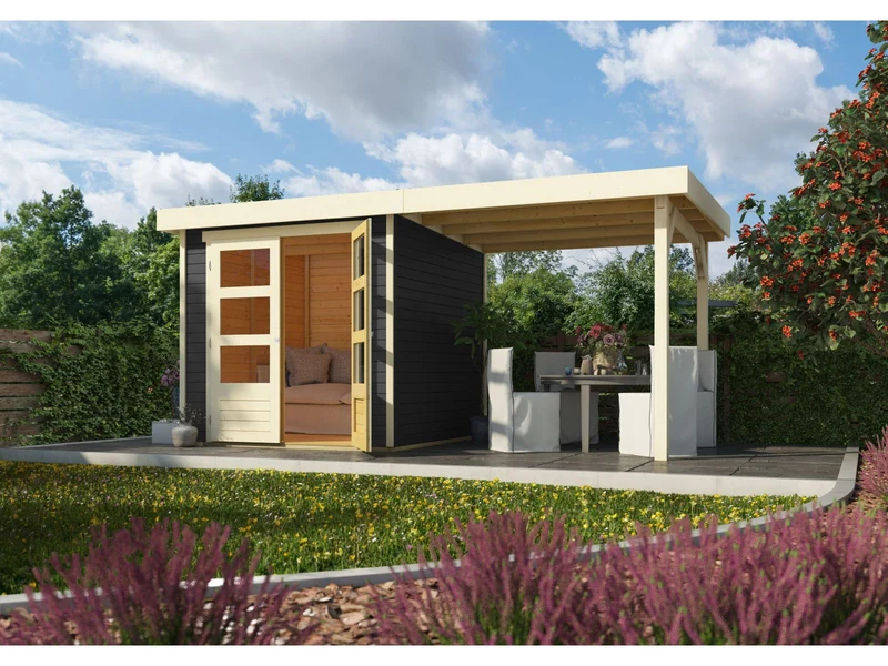 Karibu Gartenhaus Askola 2 terragrau mit Anbaudach 2,40 Meter