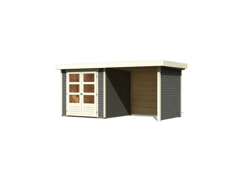 Karibu Gartenhaus Askola 2 terragrau mit Anbaudach 2,40 Meter, Seiten- und Rückwand