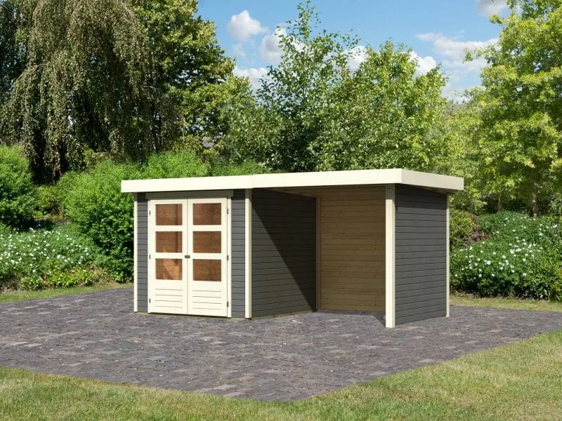 Karibu Gartenhaus Askola 2 terragrau mit Anbaudach 2,40 Meter, Seiten- und Rückwand