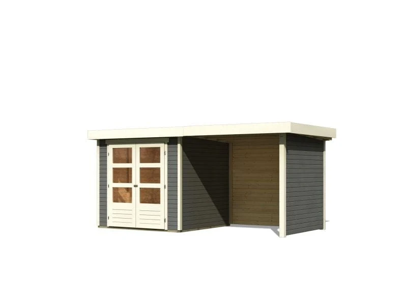 Karibu Gartenhaus Askola 2 terragrau mit Anbaudach 2,40 Meter, Seiten- und Rückwand
