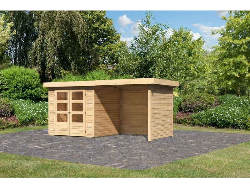 Karibu Gartenhaus Askola 2 mit Anbaudach 2,25 Meter, Seiten- und Rückwand