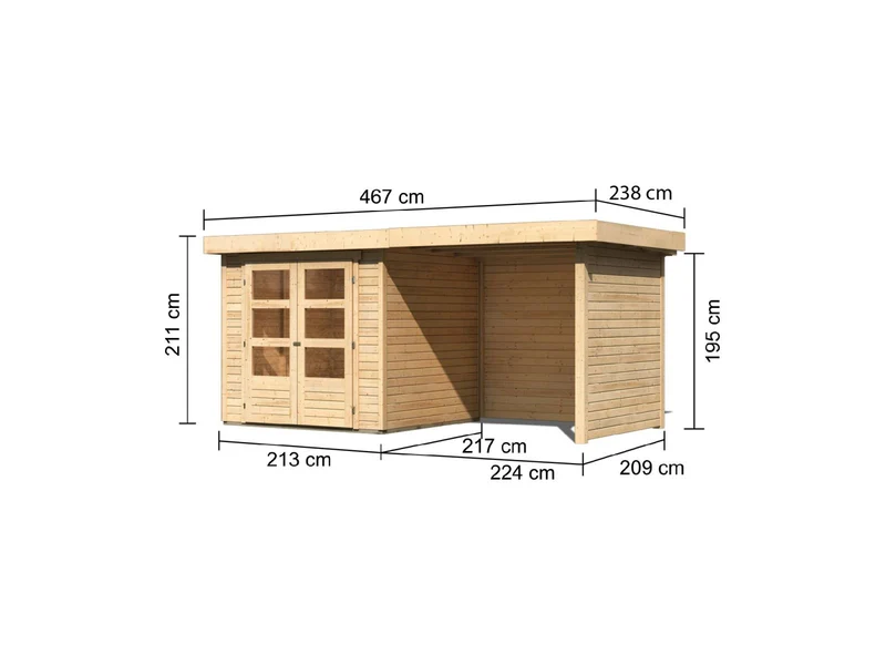 Karibu Gartenhaus Askola 2 mit Anbaudach 2,25 Meter, Seiten- und Rückwand