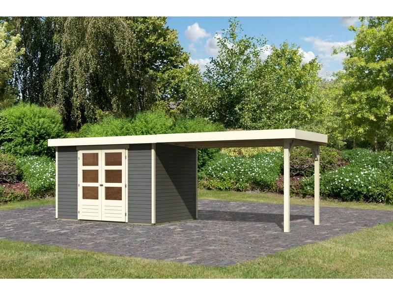 Karibu Gartenhaus Askola 4 terragrau mit Anbaudach 2,80 Meter
