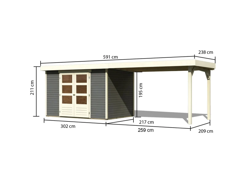Karibu Gartenhaus Askola 4 terragrau mit Anbaudach 2,80 Meter