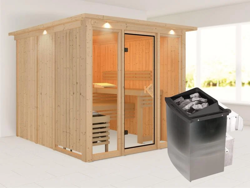 Karibu Sauna Askja 68 mm- 9 kW Ofen integr.Strg- mit Dachkranz