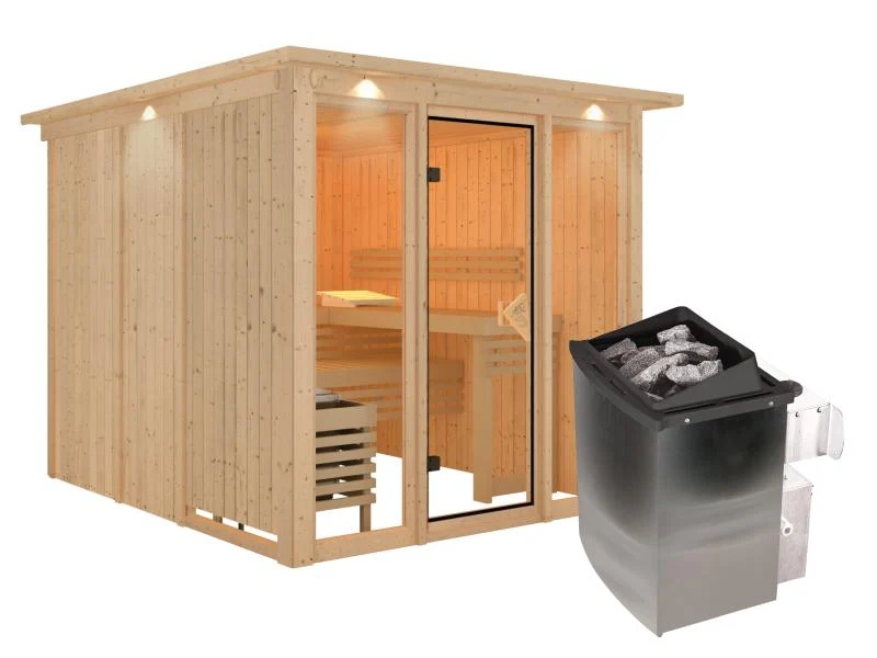 Karibu Sauna Askja 68 mm- 9 kW Ofen integr.Strg- mit Dachkranz