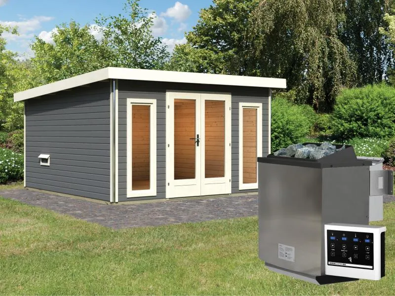 Karibu Saunahaus Mainburg 3 Set A terragrau -9 kW Bioofen ext.Strg