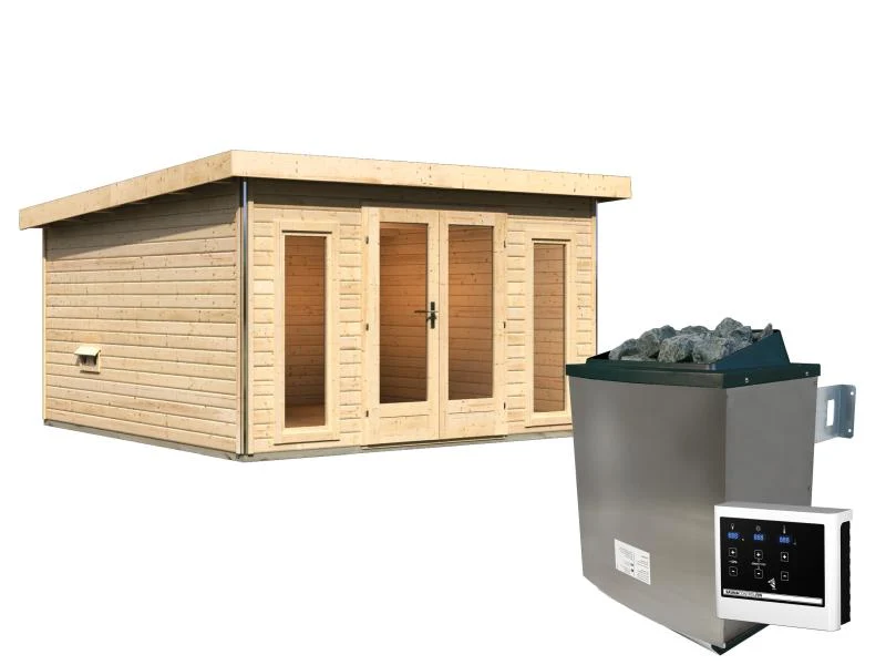 Karibu Saunahaus Mainburg 3 Set B naturbelassen- 9 kW Ofen ext. Strg