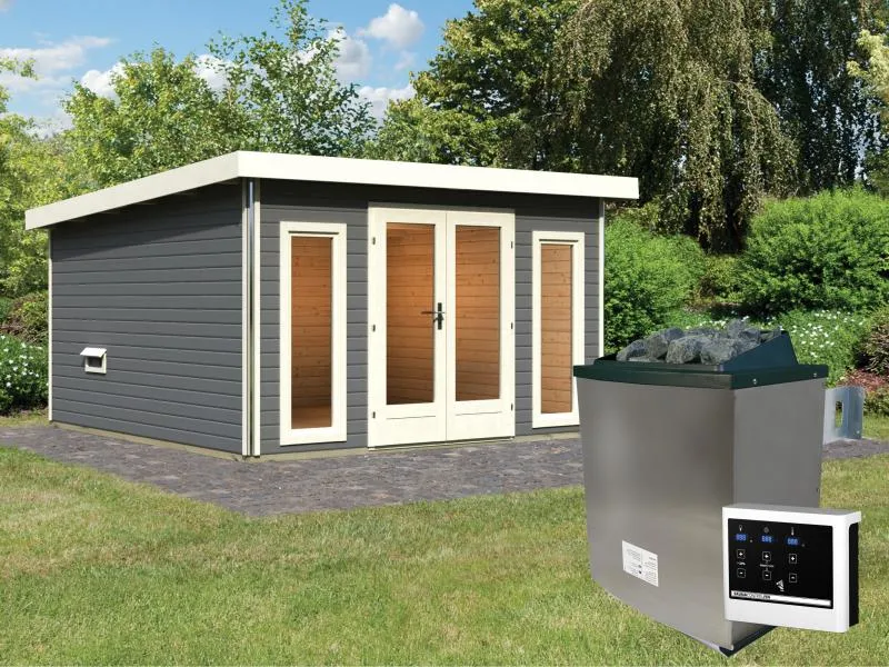 Karibu Saunahaus Mainburg 3 Set B terragrau- 9 kW Ofen ext. Strg