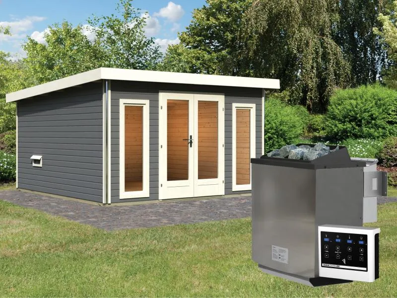 Karibu Saunahaus Mainburg 3 Set B terragrau- 9 kW Bioofen ext. Strg