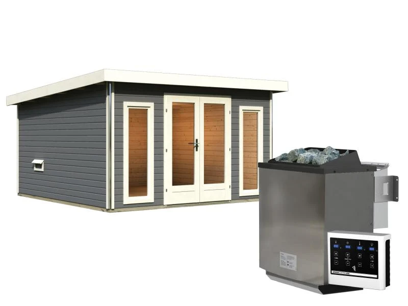 Karibu Saunahaus Mainburg 3 Set B terragrau- 9 kW Bioofen ext. Strg