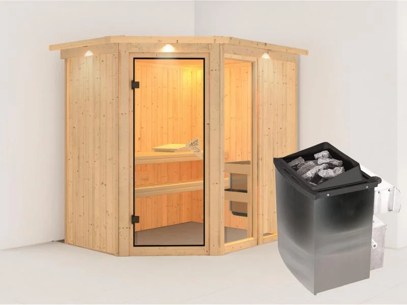 Fiona 1 - Karibu Sauna inkl. 9-kW-Ofen - mit Dachkranz -