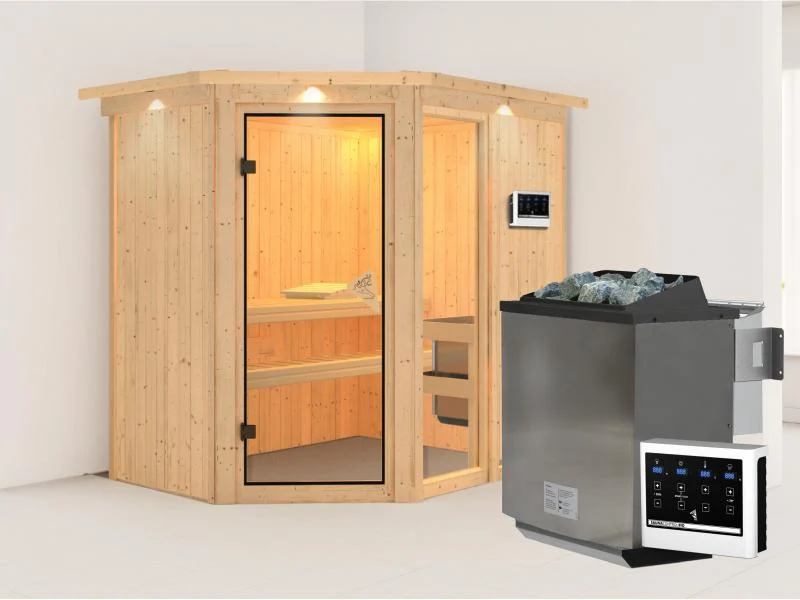 Fiona 1 - Karibu Sauna inkl. 9-kW-Bioofen - mit Dachkranz -
