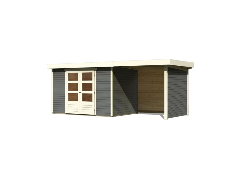 Karibu Gartenhaus Askola 4 in terragrau mit Anbaudach 2,40 Meter inkl. Rück-und Seitenwand