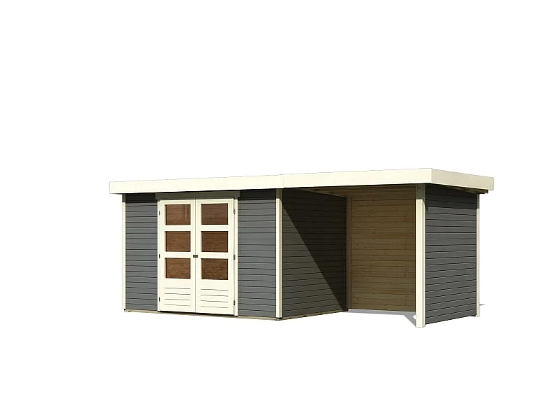 Karibu Gartenhaus Askola 4 in terragrau mit Anbaudach 2,40 Meter inkl. Rück-und Seitenwand