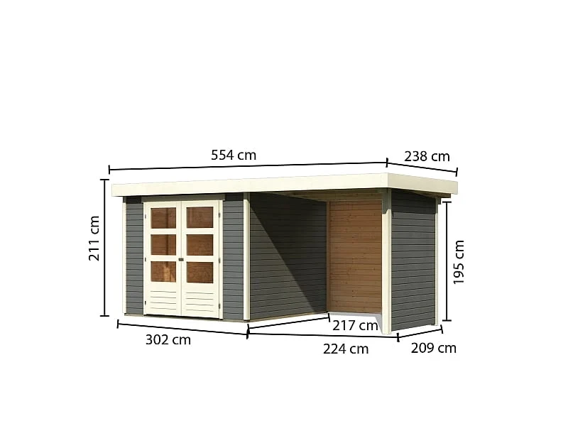 Karibu Gartenhaus Askola 4 in terragrau mit Anbaudach 2,40 Meter inkl. Rück-und Seitenwand