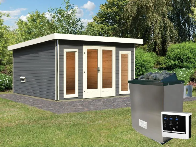 Karibu Saunahaus Mainburg 3 Set A terragrau -9 kW Ofen ext.Strg