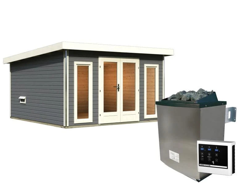 Karibu Saunahaus Mainburg 3 Set A terragrau -9 kW Ofen ext.Strg