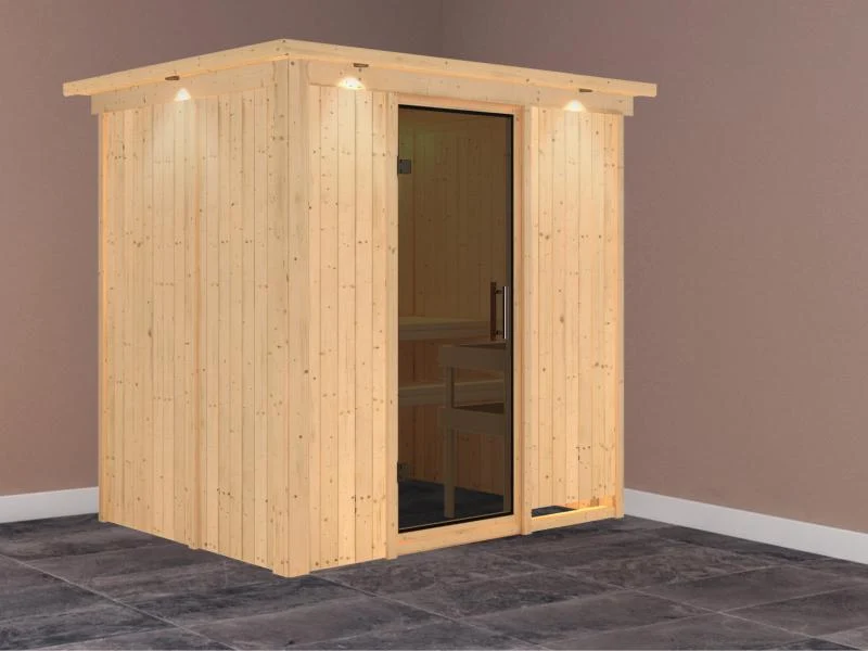 Fanja - Karibu Sauna Plug & Play ohne Ofen - mit Dachkranz - Moderne Saunatür