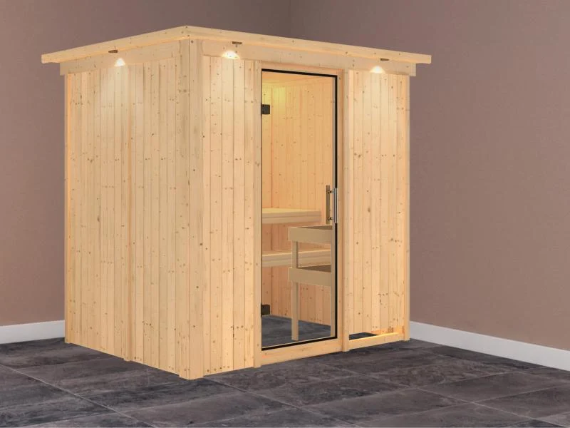 Fanja - Karibu Sauna Plug & Play ohne Ofen - mit Dachkranz - Klarglas Ganzglastür