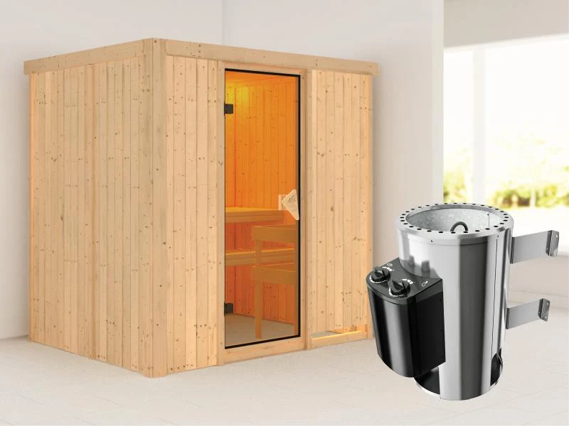 Fanja - Karibu Sauna Plug & Play inkl. 3,6 kW-Ofen - ohne Dachkranz -