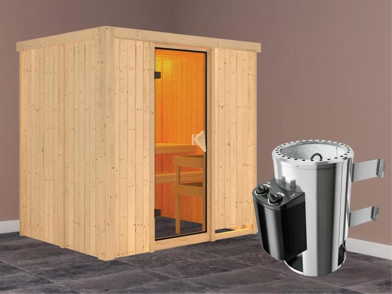 Fanja - Karibu Sauna Plug & Play inkl. 3,6 kW-Ofen - ohne Dachkranz -