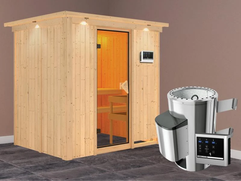 Fanja - Karibu Sauna Plug & Play inkl. 3,6 kW-Ofen - mit Dachkranz -