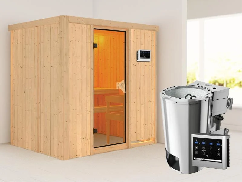 Fanja - Karibu Sauna Plug & Play inkl. 3,6 kW-Bioofen - ohne Dachkranz -