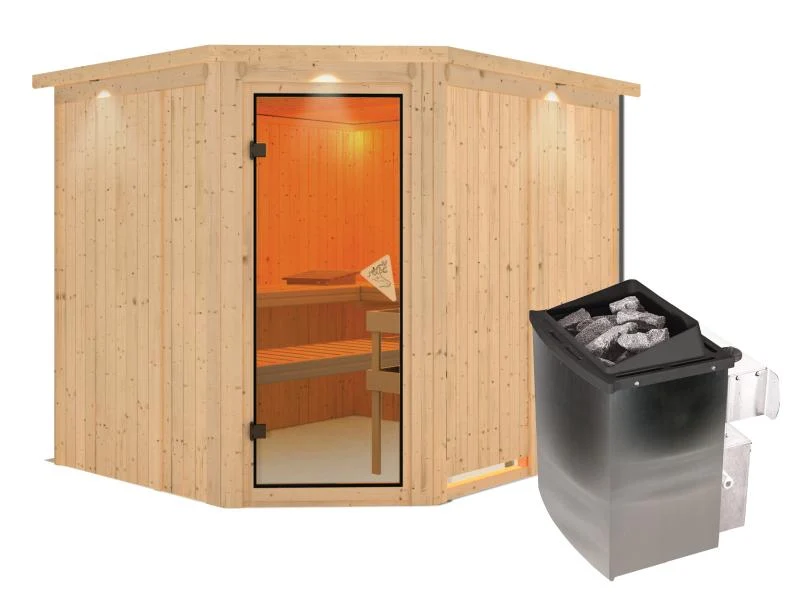 Malin - Karibu Sauna inkl. 9-kW-Ofen - mit Dachkranz -