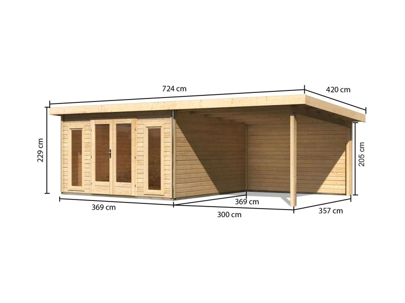 Karibu Gartenhaus Radeburg 3 natur mit Anbaudach 3,3 m und Rückwand