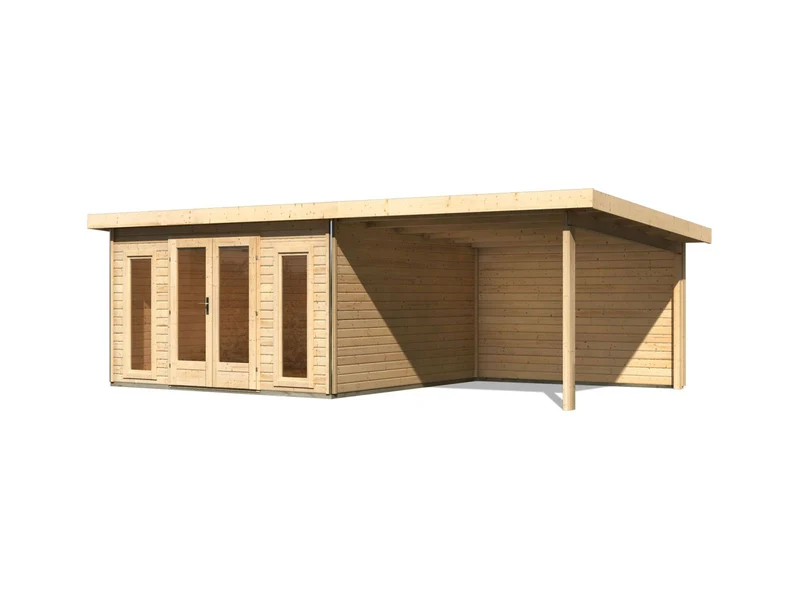 Karibu Gartenhaus Radeburg 3 natur mit Anbaudach 3,3 m und Rückwand