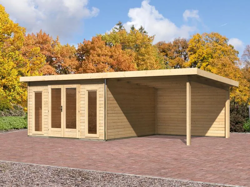 Karibu Gartenhaus Radeburg 3 natur mit Anbaudach 3,3 m und Rückwand