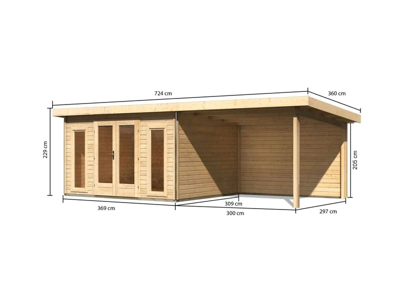 Karibu Gartenhaus Radeburg 2 natur 38 mm mit Anbaudach 3,3 m und Rückwand