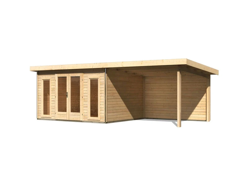Karibu Gartenhaus Radeburg 2 natur 38 mm mit Anbaudach 3,3 m und Rückwand